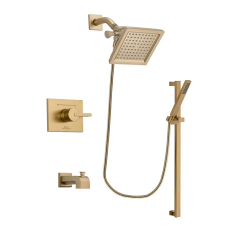 Delta Vero Champagne Bronze Finish Tub and Shower Faucet System Package with 6.5-inch Square Rain Showerhead and Modern Handheld Shower with Square Slide Bar Includes Rough-in Valve and Tub Spout DSP3999V