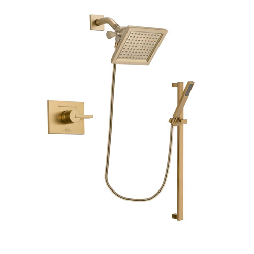Delta Vero Champagne Bronze Finish Shower Faucet System Package with 6.5-inch Square Rain Showerhead and Modern Handheld Shower with Square Slide Bar Includes Rough-in Valve DSP4000V