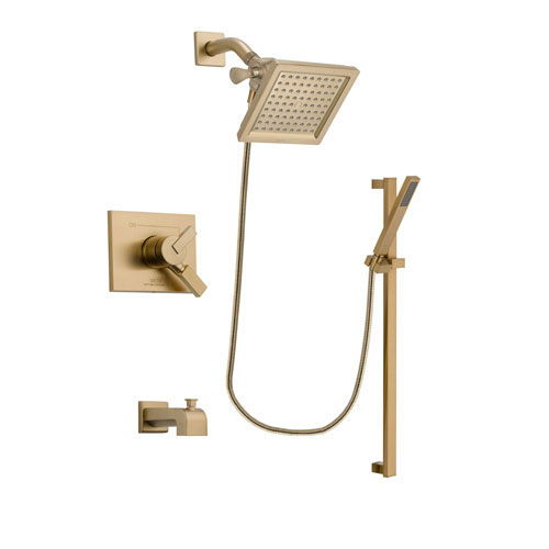 Delta Vero Champagne Bronze Finish Dual Control Tub and Shower Faucet System Package with 6.5-inch Square Rain Showerhead and Modern Handheld Shower with Square Slide Bar Includes Rough-in Valve and Tub Spout DSP4003V