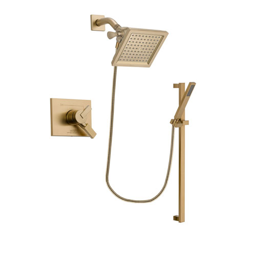 Delta Vero Champagne Bronze Finish Dual Control Shower Faucet System Package with 6.5-inch Square Rain Showerhead and Modern Handheld Shower with Square Slide Bar Includes Rough-in Valve DSP4004V