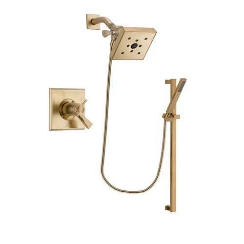 Delta Dryden Champagne Bronze Finish Thermostatic Shower Faucet System Package with Square Shower Head and Modern Handheld Shower with Square Slide Bar Includes Rough-in Valve DSP4006V