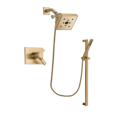 Delta Vero Champagne Bronze Finish Thermostatic Shower Faucet System Package with Square Shower Head and Modern Handheld Shower with Square Slide Bar Includes Rough-in Valve DSP4008V