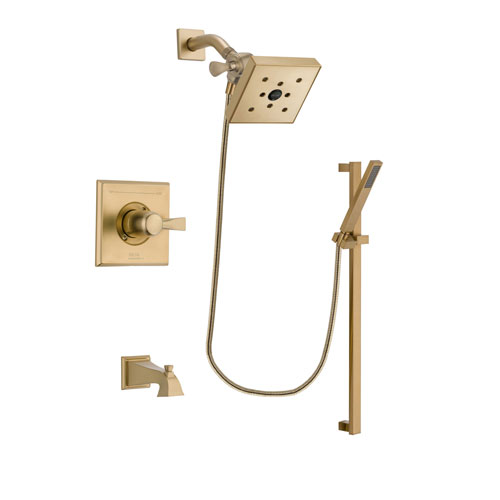 Delta Dryden Champagne Bronze Finish Tub and Shower Faucet System Package with Square Shower Head and Modern Handheld Shower with Square Slide Bar Includes Rough-in Valve and Tub Spout DSP4009V