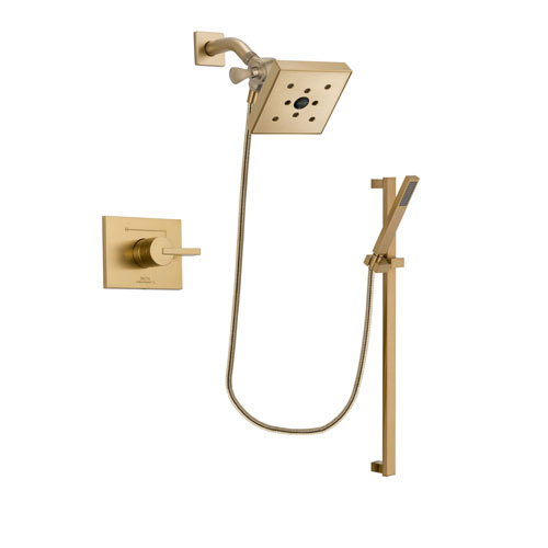 Delta Vero Champagne Bronze Finish Shower Faucet System Package with Square Shower Head and Modern Handheld Shower with Square Slide Bar Includes Rough-in Valve DSP4012V