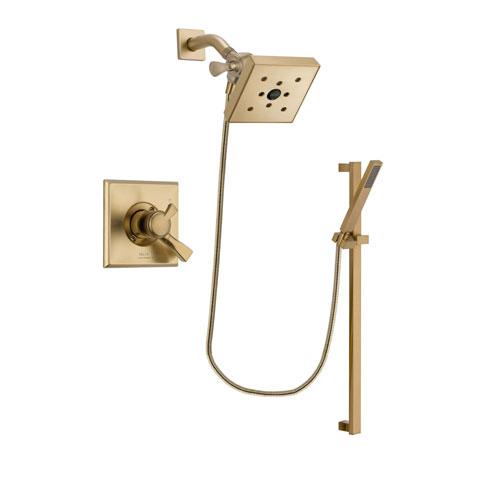 Delta Dryden Champagne Bronze Finish Dual Control Shower Faucet System Package with Square Shower Head and Modern Handheld Shower with Square Slide Bar Includes Rough-in Valve DSP4014V