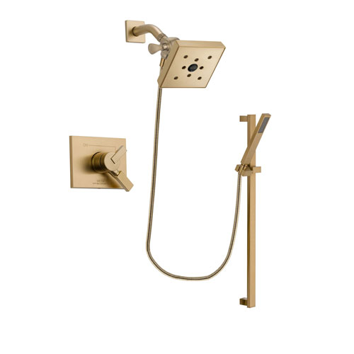 Delta Vero Champagne Bronze Finish Dual Control Shower Faucet System Package with Square Shower Head and Modern Handheld Shower with Square Slide Bar Includes Rough-in Valve DSP4016V