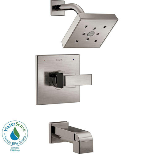 Qty (1): Delta Ara 1 Handle Tub and Shower Faucet Trim Kit in Stainless Steel Finish Featuring H2Okinetic