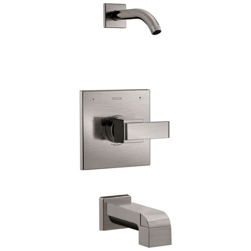 Qty (1): Delta Ara 1 Handle Tub and Shower Faucet Trim Kit in Stainless Steel Finish with Less Showerhead