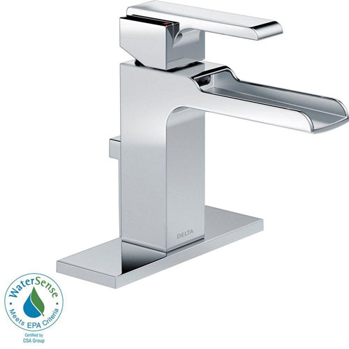 Qty (1): Delta Ara Single Hole 1 Handle Open Channel Spout Bathroom Faucet in Chrome with Metal Pop up
