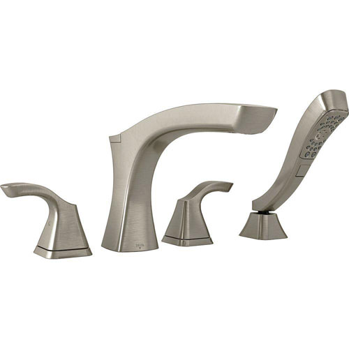 Qty (1): Delta Tesla 2 Handle Deck Mount Roman Tub Faucet Trim Kit with Handshower in Stainless