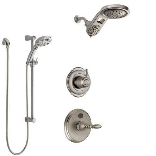 Delta Victorian Stainless Steel Finish Shower System with Temp2O Control Handle, Diverter, Dual Showerhead, and Hand Shower with Slidebar SS14001SS9