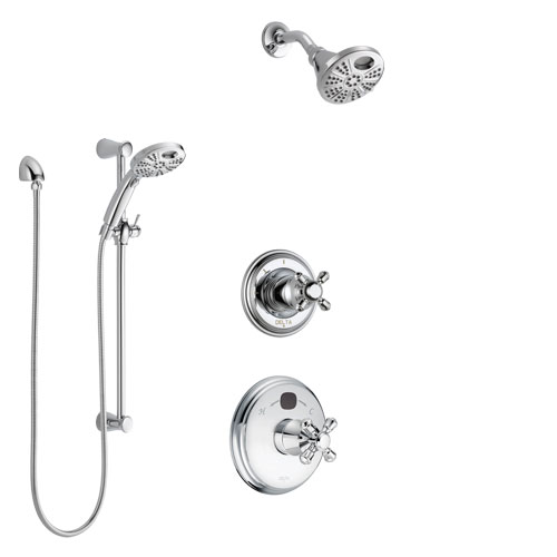Delta Cassidy Chrome Finish Shower System with Temp2O Control Handle, 3-Setting Diverter, Showerhead, and Hand Shower with Slidebar SS1400310