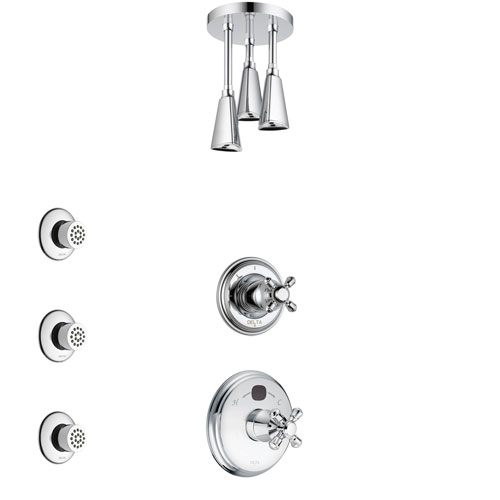 Delta Cassidy Chrome Finish Shower System with Temp2O Control Handle, 3-Setting Diverter, Ceiling Mount Showerhead, and 3 Body Sprays SS140037