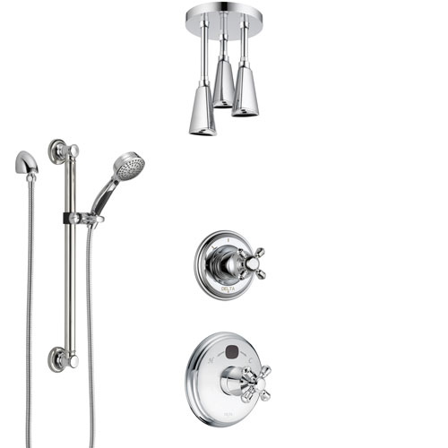 Delta Cassidy Chrome Finish Shower System with Temp2O Control, 3-Setting Diverter, Ceiling Mount Showerhead, and Hand Shower with Grab Bar SS140038