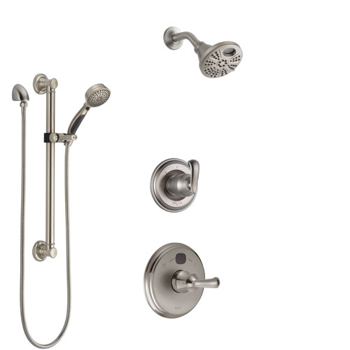 Delta Cassidy Stainless Steel Finish Shower System with Temp2O Control, 3-Setting Diverter, Showerhead, and Hand Shower with Grab Bar SS14003SS10