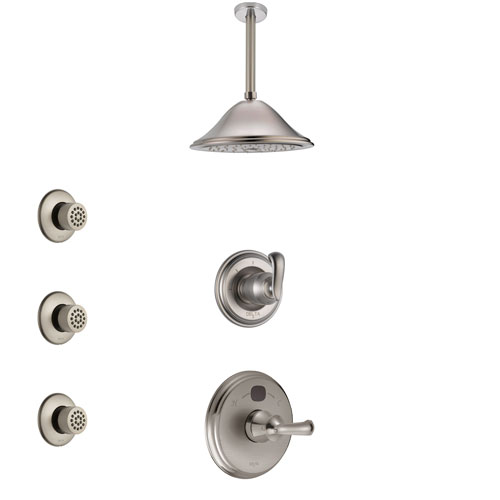 Delta Cassidy Stainless Steel Finish Shower System with Temp2O Control, 3-Setting Diverter, Ceiling Mount Showerhead, and 3 Body Sprays SS14003SS3