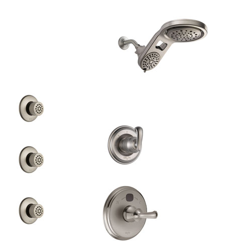 Delta Cassidy Stainless Steel Finish Shower System with Temp2O Control Handle, 3-Setting Diverter, Dual Showerhead, and 3 Body Sprays SS14003SS4