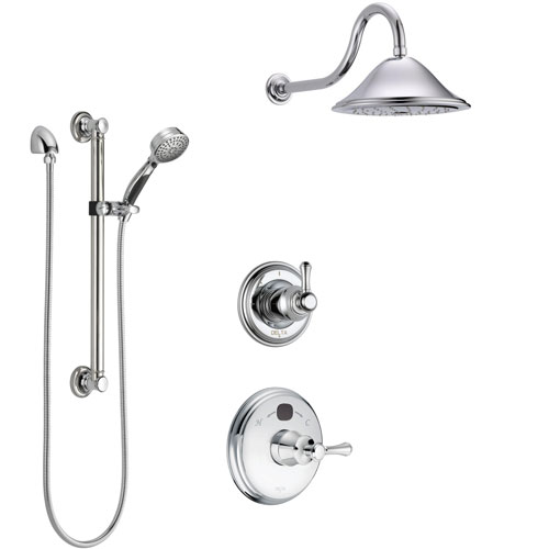 Delta Cassidy Chrome Finish Shower System with Temp2O Control Handle, 3-Setting Diverter, Showerhead, and Hand Shower with Grab Bar SS140044