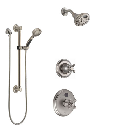 Delta Cassidy Stainless Steel Finish Shower System with Temp2O Control Handle, 3-Setting Diverter, Showerhead, and Hand Shower w/ Grab Bar SS14004SS10