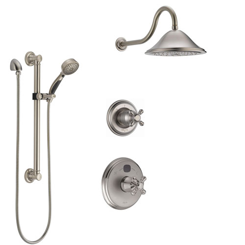 Delta Cassidy Stainless Steel Finish Shower System with Temp2O Control Handle, 3-Setting Diverter, Showerhead, and Hand Shower w/ Grab Bar SS14004SS1