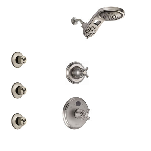 Delta Cassidy Stainless Steel Finish Shower System with Temp2O Control Handle, 3-Setting Diverter, Dual Showerhead, and 3 Body Sprays SS14004SS5