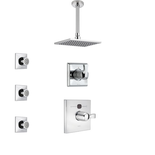Delta Dryden Chrome Finish Shower System with Temp2O Control Handle, 3-Setting Diverter, Ceiling Mount Showerhead, and 3 Body Sprays SS140126