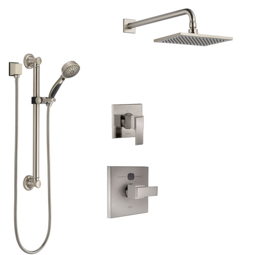 Delta Ara Stainless Steel Finish Shower System with Temp2O Control Handle, 3-Setting Diverter, Showerhead, and Hand Shower with Grab Bar SS14012SS1