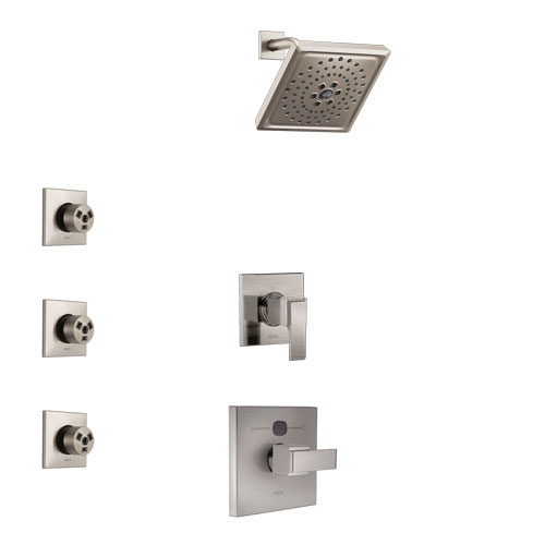 Delta Ara Stainless Steel Finish Shower System with Temp2O Control Handle, 3-Setting Diverter, Showerhead, and 3 Body Sprays SS14012SS6