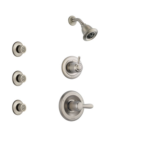 Delta Lahara Stainless Steel Finish Shower System with Control Handle, 3-Setting Diverter, Showerhead, and 3 Body Sprays SS142381SS2