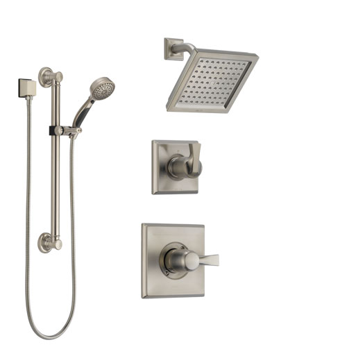 Delta Dryden Stainless Steel Finish Shower System with Control Handle, 3-Setting Diverter, Showerhead, and Hand Shower with Grab Bar SS142511SS3