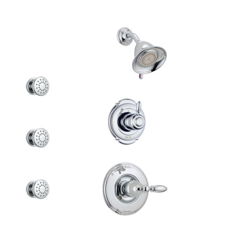 Delta Victorian Chrome Finish Shower System with Control Handle, 3-Setting Diverter, Showerhead, and 3 Body Sprays SS142551