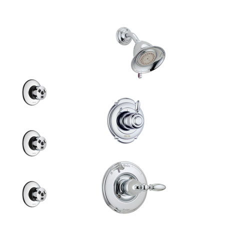 Delta Victorian Chrome Finish Shower System with Control Handle, 3-Setting Diverter, Showerhead, and 3 Body Sprays SS142552