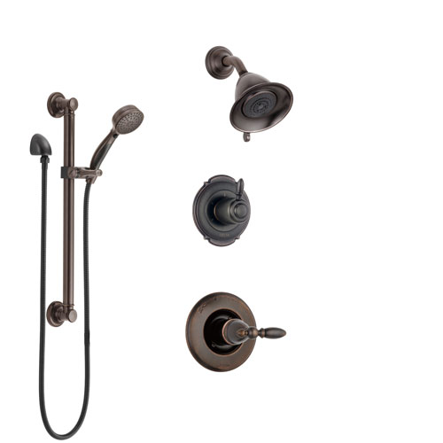 Delta Victorian Venetian Bronze Finish Shower System with Control Handle, 3-Setting Diverter, Showerhead, and Hand Shower with Grab Bar SS14255RB3