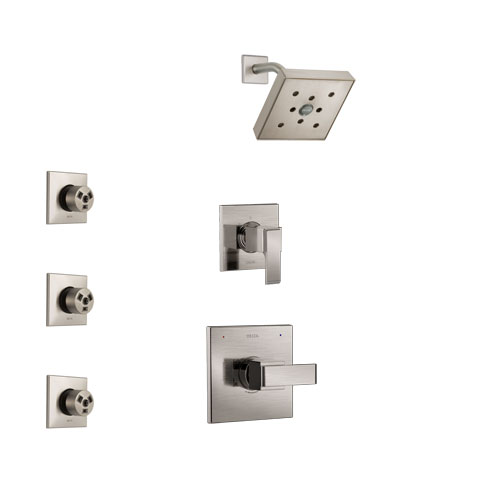Delta Ara Stainless Steel Finish Shower System with Control Handle, 3-Setting Diverter, Showerhead, and 3 Body Sprays SS142671SS1