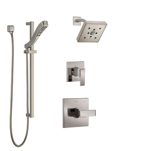 Delta Ara Stainless Steel Finish Shower System with Control Handle, 3-Setting Diverter, Showerhead, and Hand Shower with Slidebar SS142671SS4