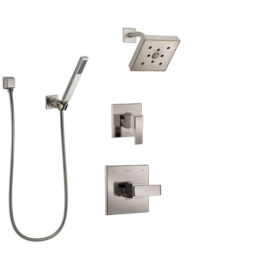 Delta Ara Stainless Steel Finish Shower System with Control Handle, 3-Setting Diverter, Showerhead, and Hand Shower with Wall Bracket SS142671SS5