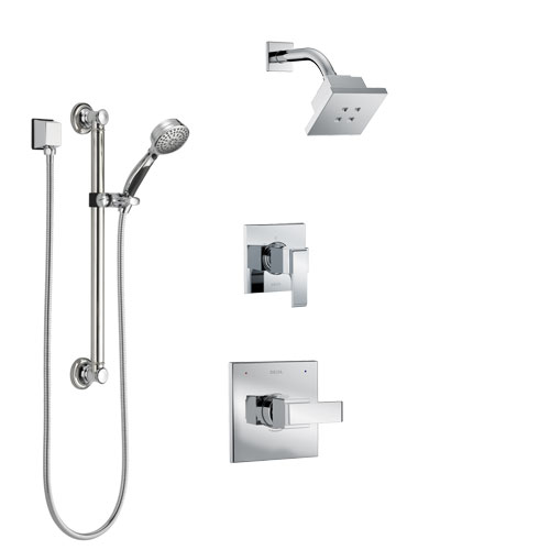 Delta Ara Chrome Finish Shower System with Control Handle, 3-Setting Diverter, Showerhead, and Hand Shower with Grab Bar SS1426722