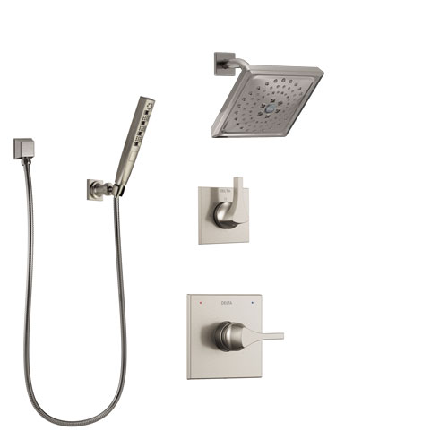 Delta Zura Stainless Steel Finish Shower System with Control Handle, 3-Setting Diverter, Showerhead, and Hand Shower with Wall Bracket SS14274SS4