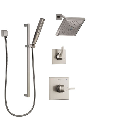 Delta Zura Stainless Steel Finish Shower System with Control Handle, 3-Setting Diverter, Showerhead, and Hand Shower with Slidebar SS14274SS5