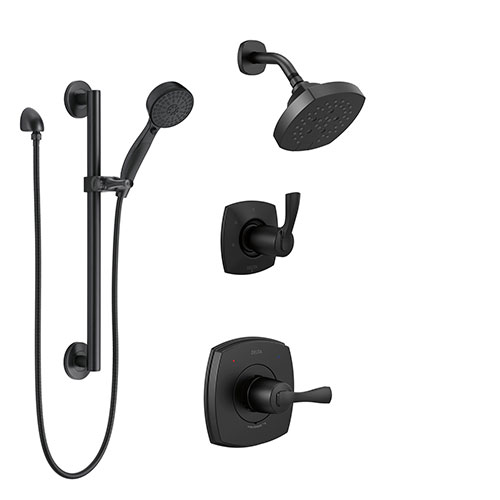 Delta Stryke Matte Black Finish Modern Diverter Shower System with Hand Shower on Grab Bar and Wall Mounted Multi-Setting Showerhead SS142763BL2