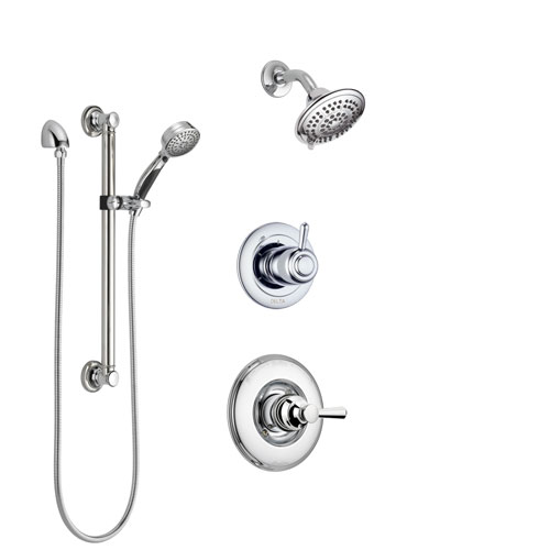Delta Linden Chrome Finish Shower System with Control Handle, 3-Setting Diverter, Showerhead, and Hand Shower with Grab Bar SS142934