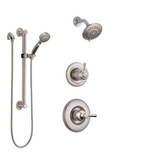 Delta Linden Stainless Steel Finish Shower System with Control Handle, 3-Setting Diverter, Showerhead, and Hand Shower with Grab Bar SS14293SS3
