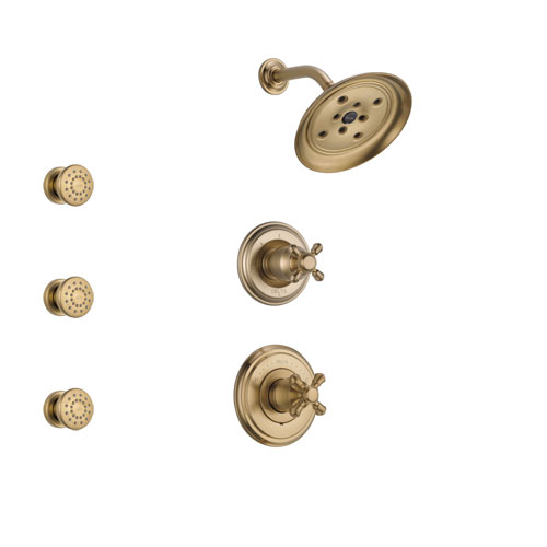 Delta Cassidy Champagne Bronze Finish Shower System with Control Handle, 3-Setting Diverter, Showerhead, and 3 Body Sprays SS142971CZ1