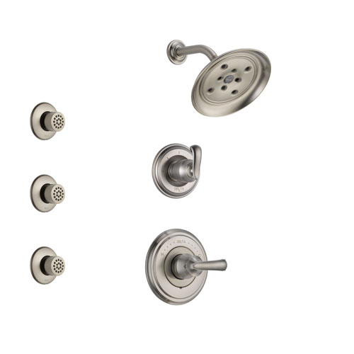 Delta Cassidy Stainless Steel Finish Shower System with Control Handle, 3-Setting Diverter, Showerhead, and 3 Body Sprays SS142971SS2