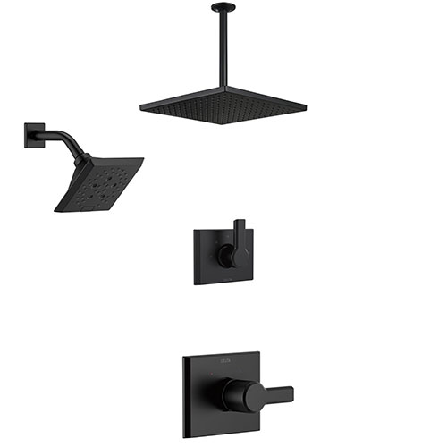 Delta Pivotal Matte Black Finish Modern Angular Shower System with Large Ceiling Mount Rain Showerhead and Multi-setting Wall Shower Head SS142993BL1