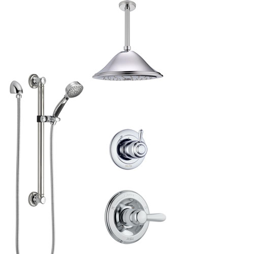 Delta Lahara Chrome Finish Shower System with Control Handle, 3-Setting Diverter, Ceiling Mount Showerhead, and Hand Shower with Grab Bar SS14384