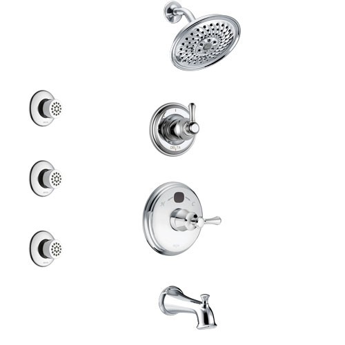 Delta Cassidy Chrome Finish Tub and Shower System with Temp2O Control Handle, 3-Setting Diverter, Showerhead, and 3 Body Sprays SS144001