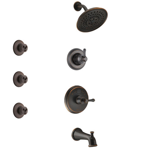 Delta Cassidy Venetian Bronze Finish Tub and Shower System with Temp2O Control Handle, 3-Setting Diverter, Showerhead, and 3 Body Sprays SS14400RB2