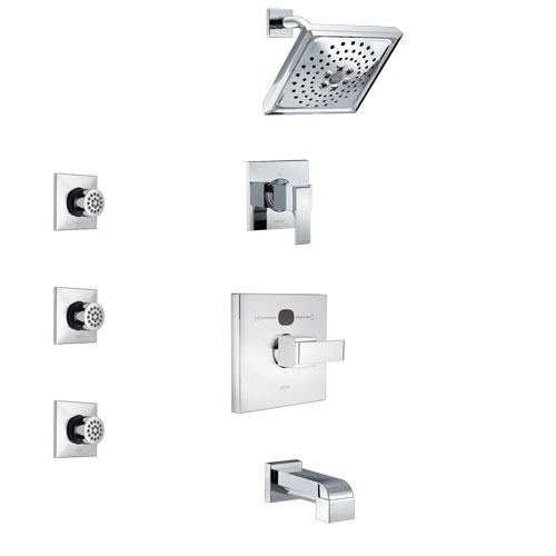 Delta Ara Chrome Finish Tub and Shower System with Temp2O Control Handle, 3-Setting Diverter, Showerhead, and 3 Body Sprays SS144011