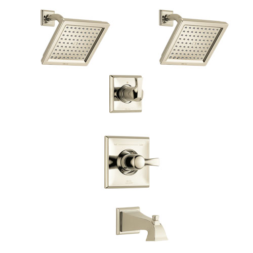 Delta Dryden Polished Nickel Finish Tub and Shower System with Control Handle, 3-Setting Diverter, 2 Showerheads SS144511PN4